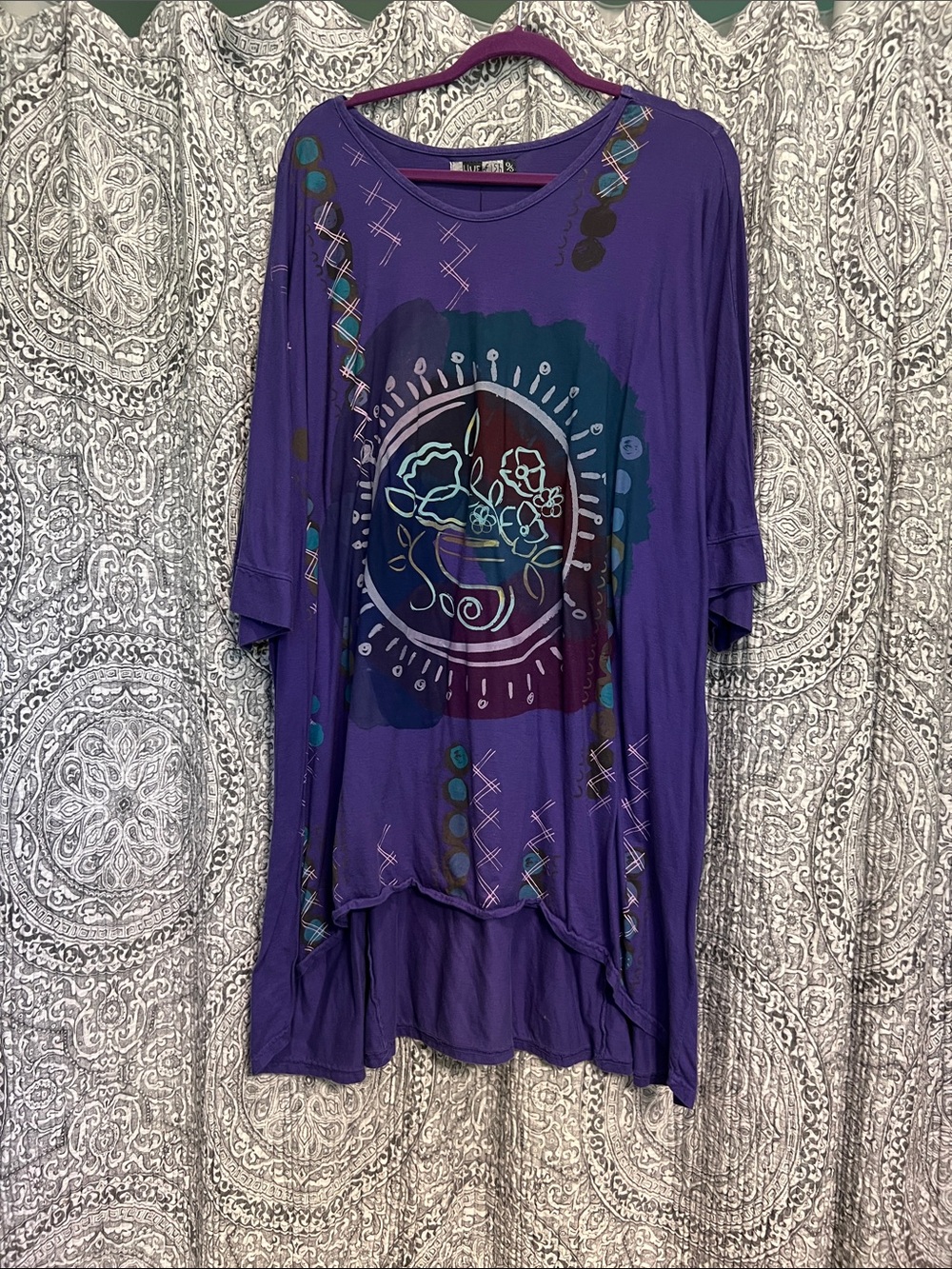 Blue Fish Drawcord tunic NWT # 1566 Purple Floral Graphic Tunic Women's O/S